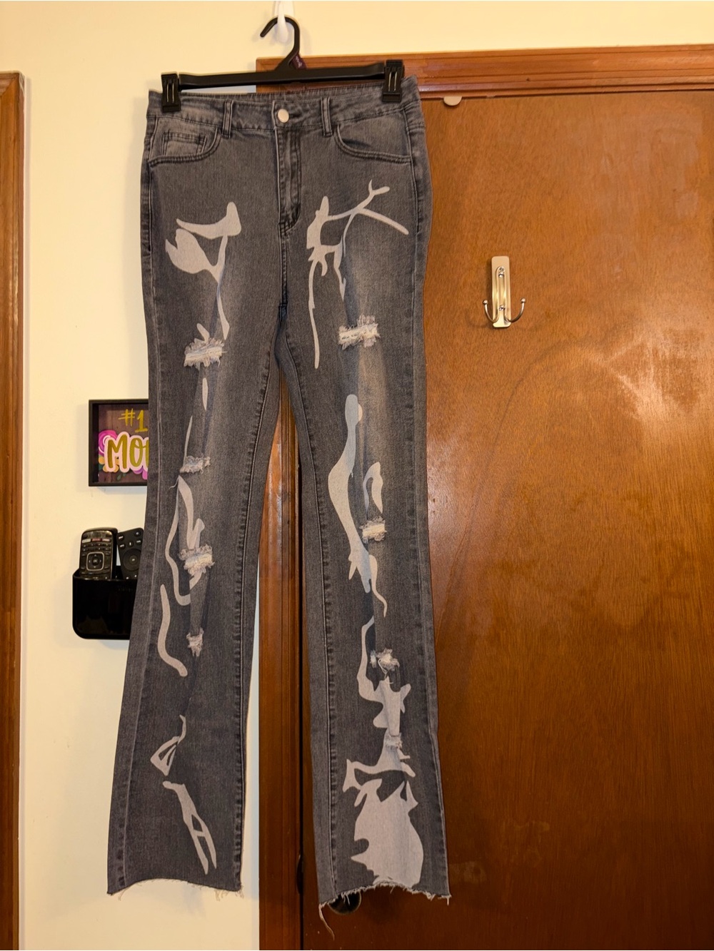 SHEIN Gray Flare Jeans with White Abstract Panels